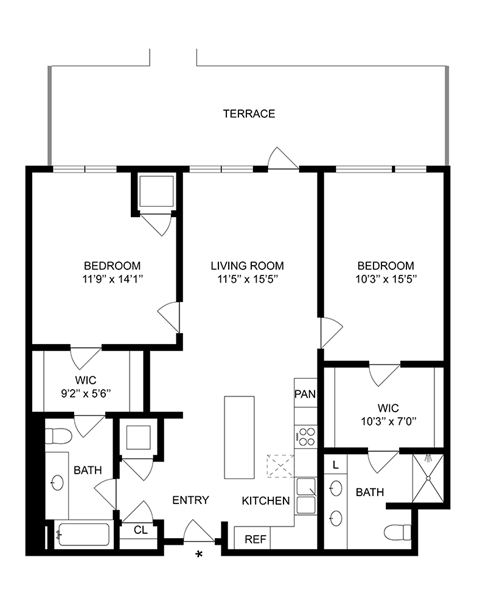 Floor plan for 2 beds, 2 baths, 1140 sqft